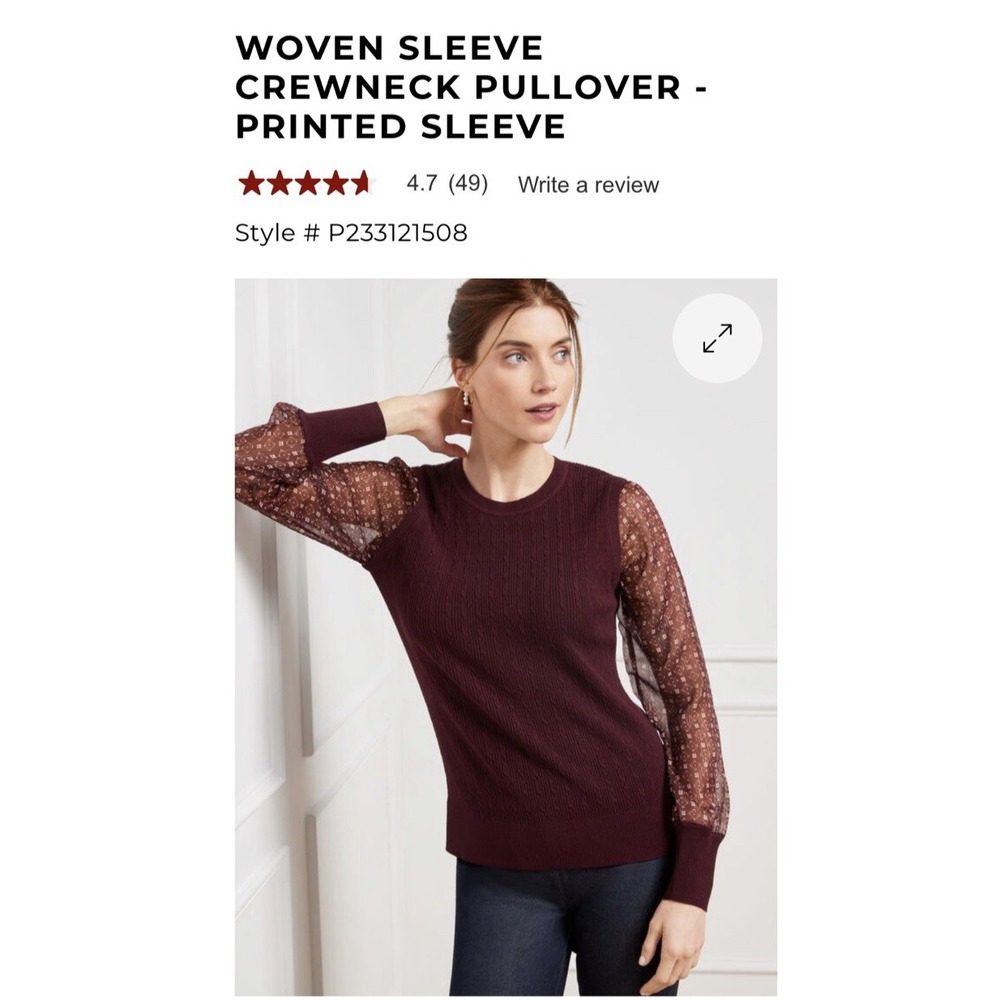Talbots Woman Woven Sleeve Crewneck Pullover Printed Sheer Sleeve‎ XL Burgandy
